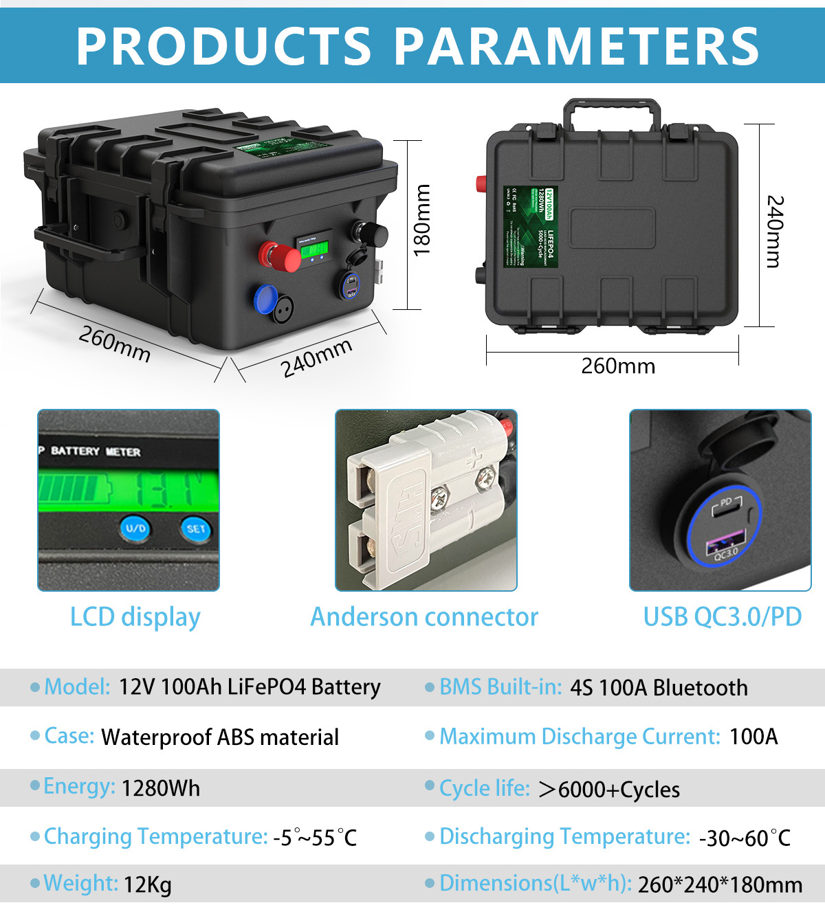 CERRNSS Portable Waterproof Boat Batteries 12V 100Ah 24V 36V 48V 150Ah 200Ah Solar Energy Energy Lifepo4 Lithium Ion Battery