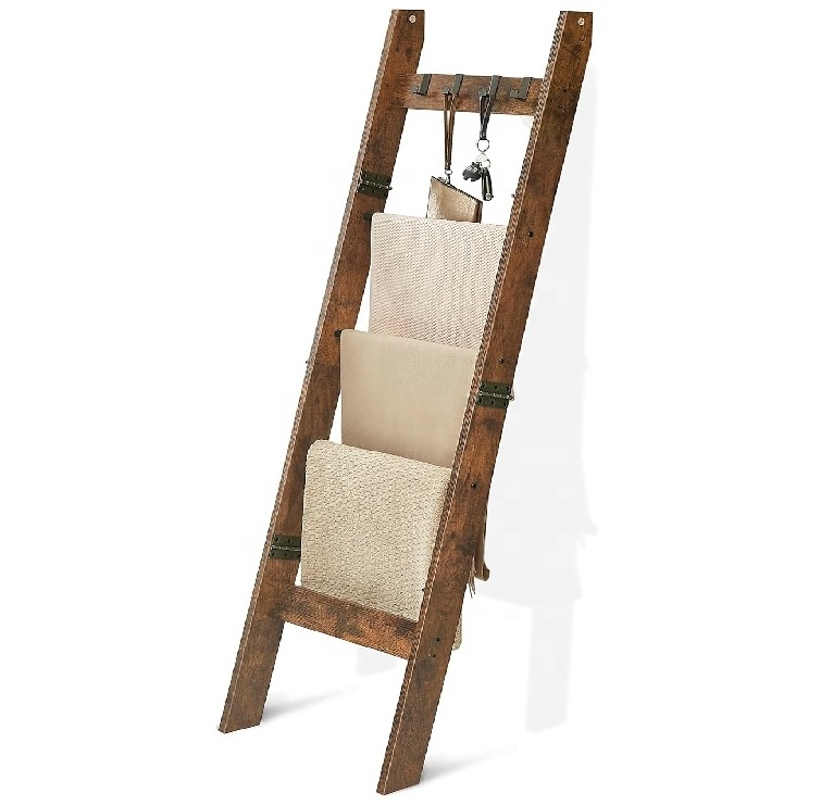 Rustic Brown Decorative Wood Quilt Rack with 4 Removable Hooks Blanket Ladder Shelf