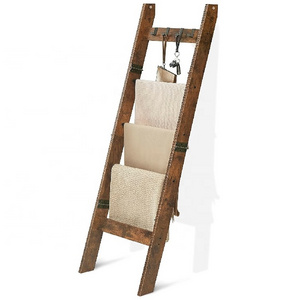 Rustic Brown Decorative Wood Quilt Rack with 4 Removable Hooks Blanket Ladder Shelf