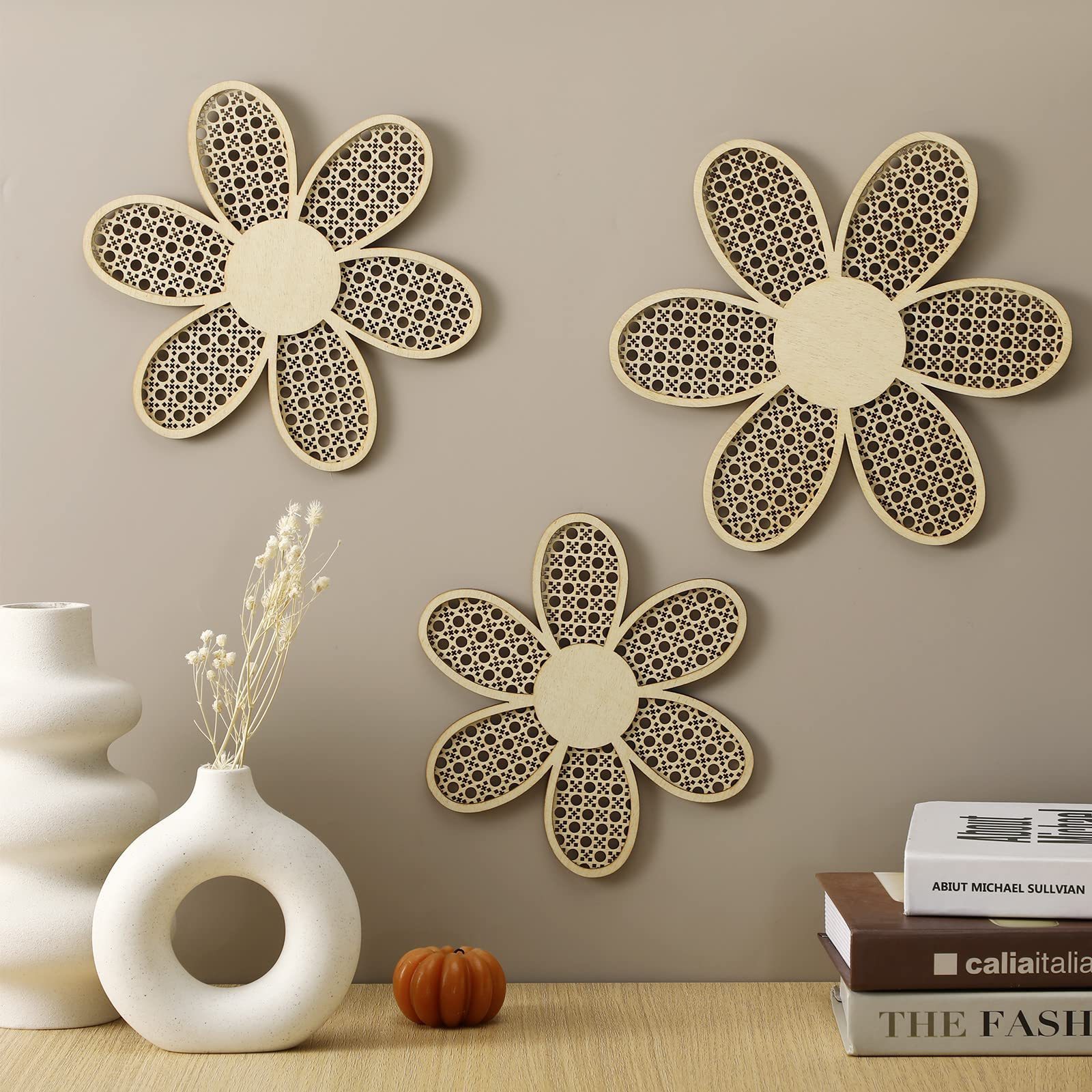 3 Pieces Boho Daisy Wall Decor Natural Rattan Flower Wall Hanging Art Wooden Boho Wall Art  Flowers Farmhouse Hanging Decor