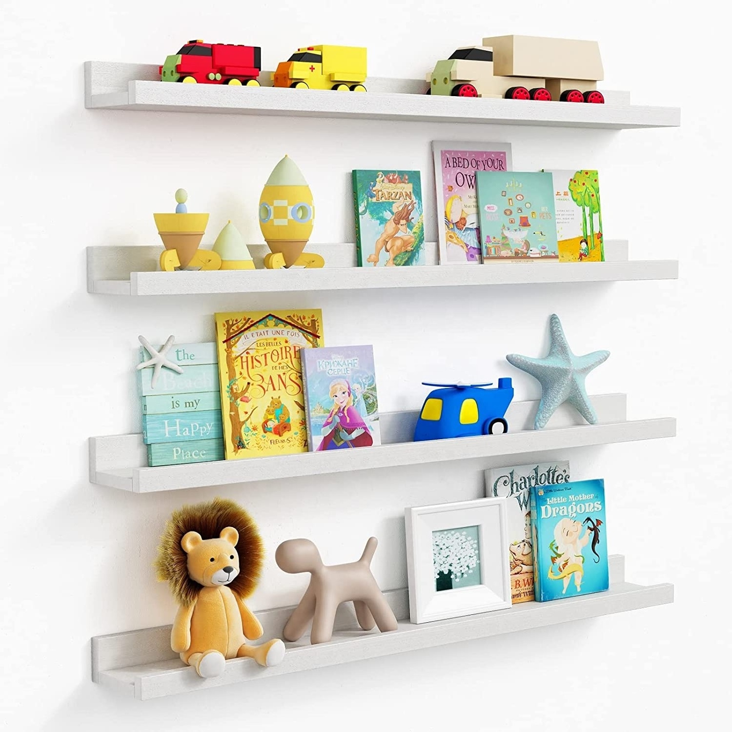 White Floating Shelves Kids Bookshelf Wall Mounted Set of 4, 36 Inches Long Nursery Wooden Book Shelves