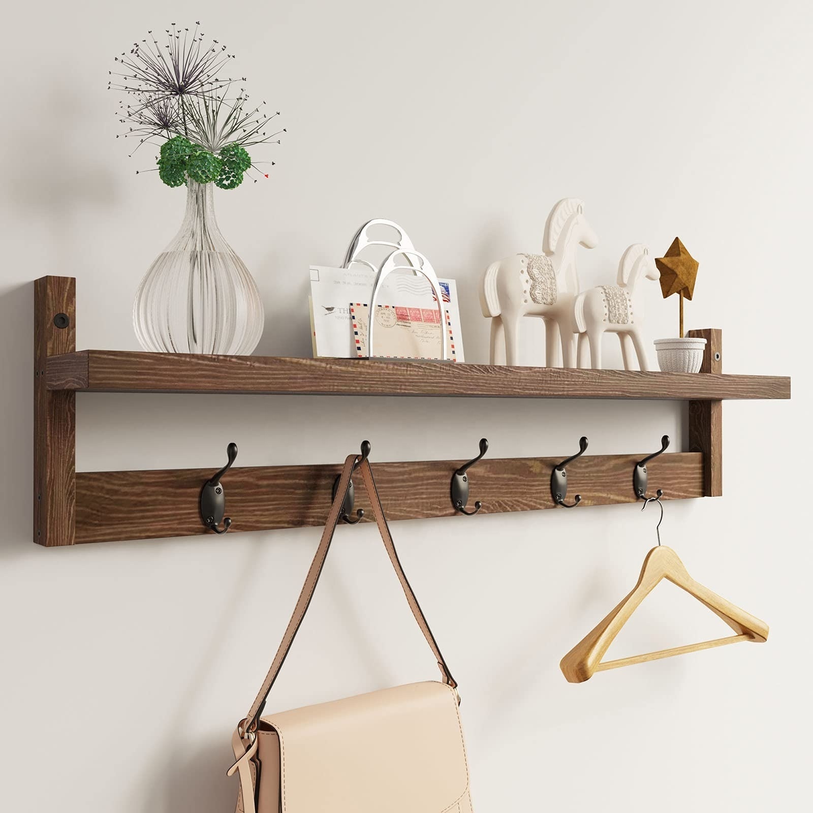 Wood Coat Hooks for Wall with Shelf Wall-Mounted  Entryway Wall Hanging Shelf Coat Hook Rack with 5 Dual Hooks