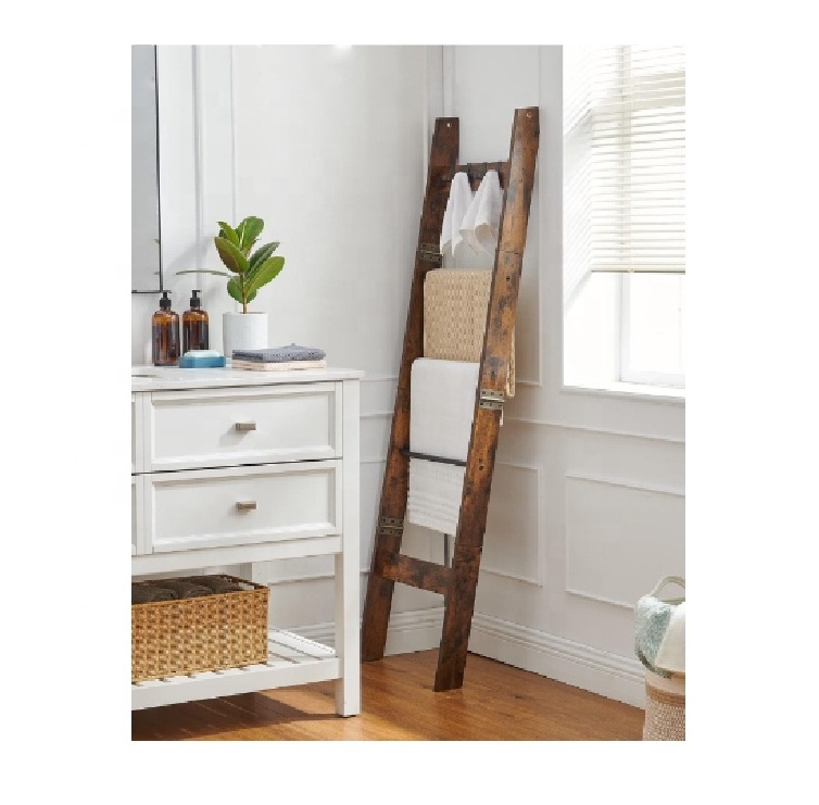 Rustic Brown Decorative Wood Quilt Rack with 4 Removable Hooks Blanket Ladder Shelf