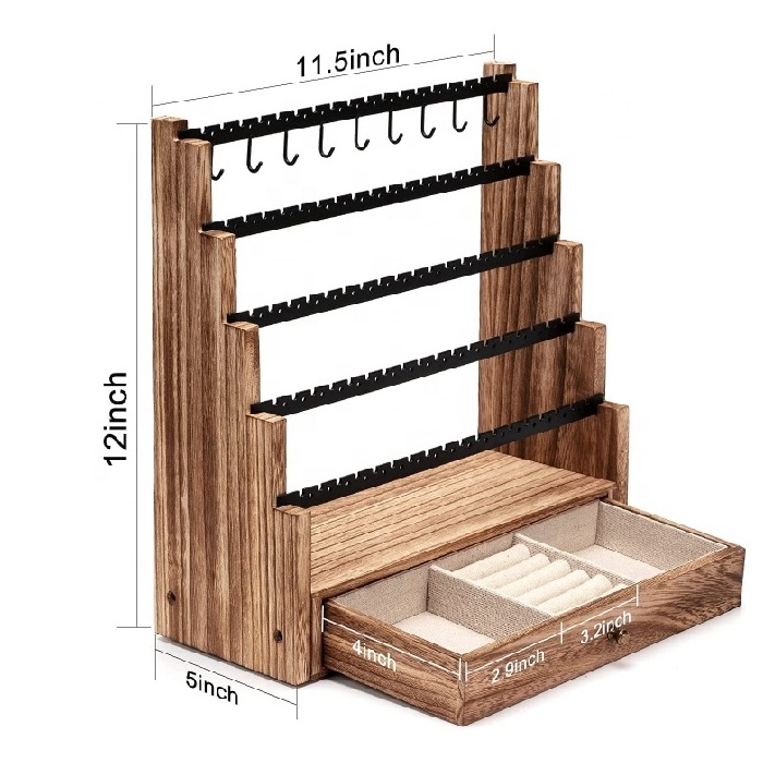 Wooden 5 Layer Earring Holder Organizer with Metal Necklace Holder Pole