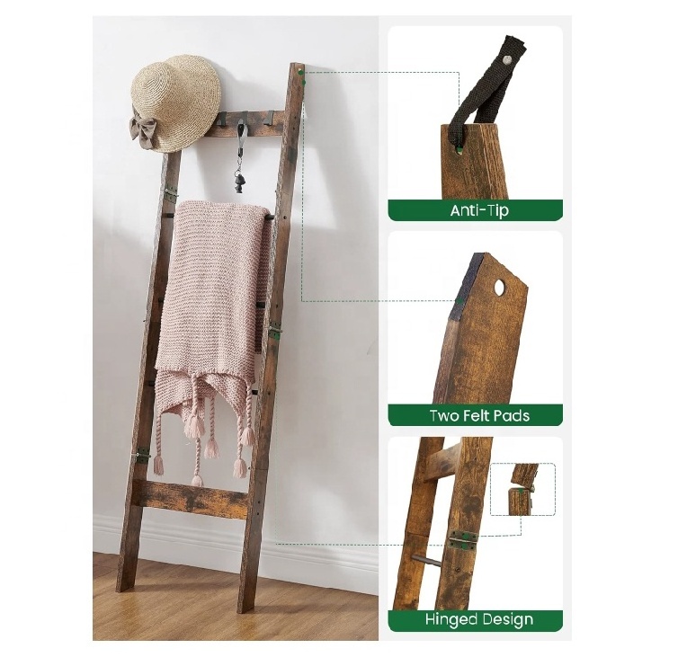 Rustic Brown Decorative Wood Quilt Rack with 4 Removable Hooks Blanket Ladder Shelf