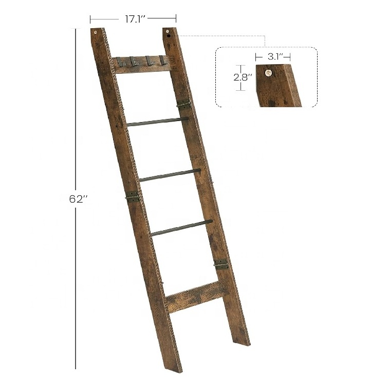 Rustic Brown Decorative Wood Quilt Rack with 4 Removable Hooks Blanket Ladder Shelf