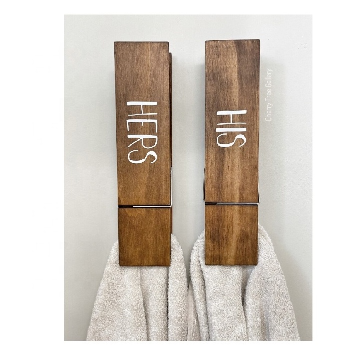 Farmhouse Bathroom Decor His and Hers Set Jumbo Clothespin Bathroom Towel Holder