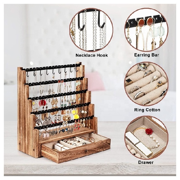 Wooden 5 Layer Earring Holder Organizer with Metal Necklace Holder Pole