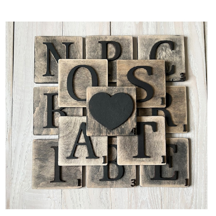 Rustic Custom Letter Family Name Crossword Gallery Decor 3D Wood Wall Tiles Scrabble Art