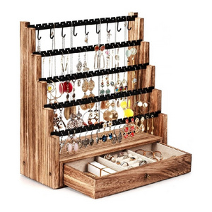 Wooden 5 Layer Earring Holder Organizer with Metal Necklace Holder Pole