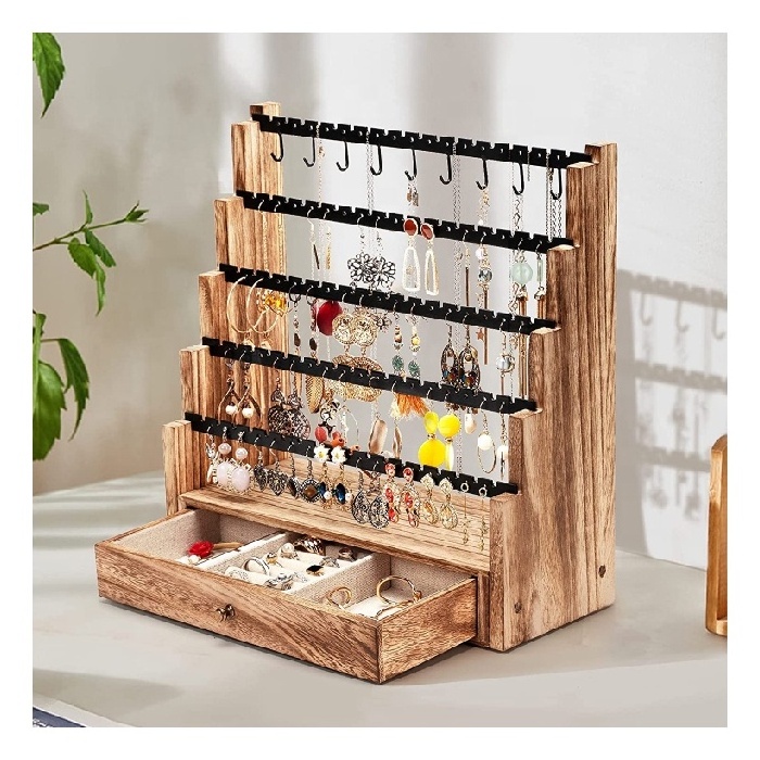 Wooden 5 Layer Earring Holder Organizer with Metal Necklace Holder Pole