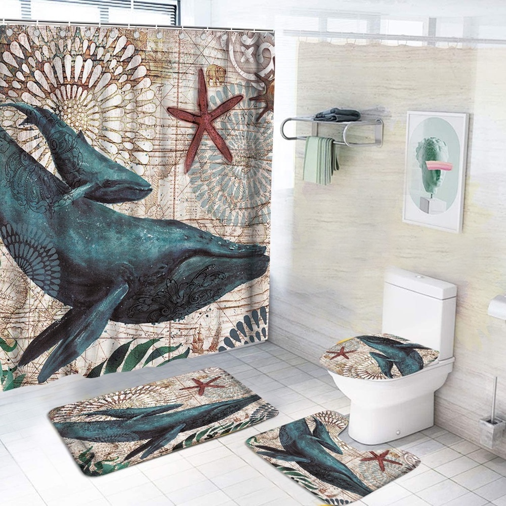 4 piece hot selling polyester waterproof  sea turtle design shower curtain set with rug for bathroom hot sale