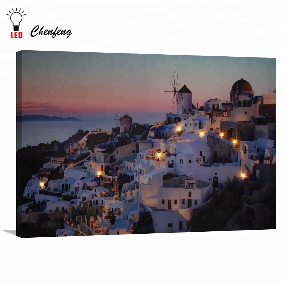 LED Wall Picture Santorini island night decor canvas printing art with led light for home decorative factory price china