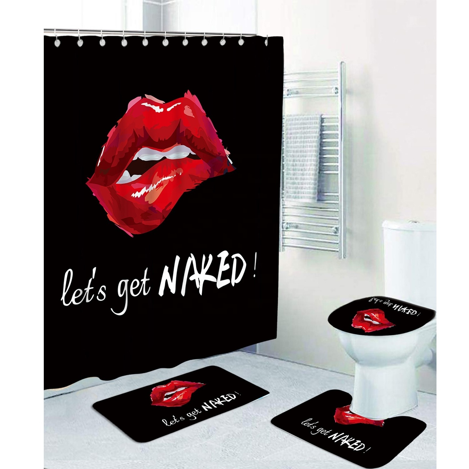 16 pieces Get naked black Creative Custom Printed bathroom mat set Waterproof Shower Curtain with Hooks Hotel Bath rug Curtain