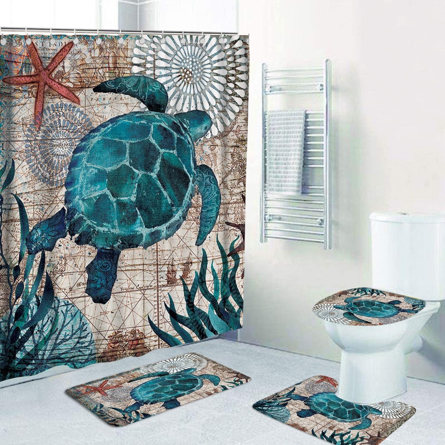 4 piece hot selling polyester waterproof  sea turtle design shower curtain set with rug for bathroom hot sale