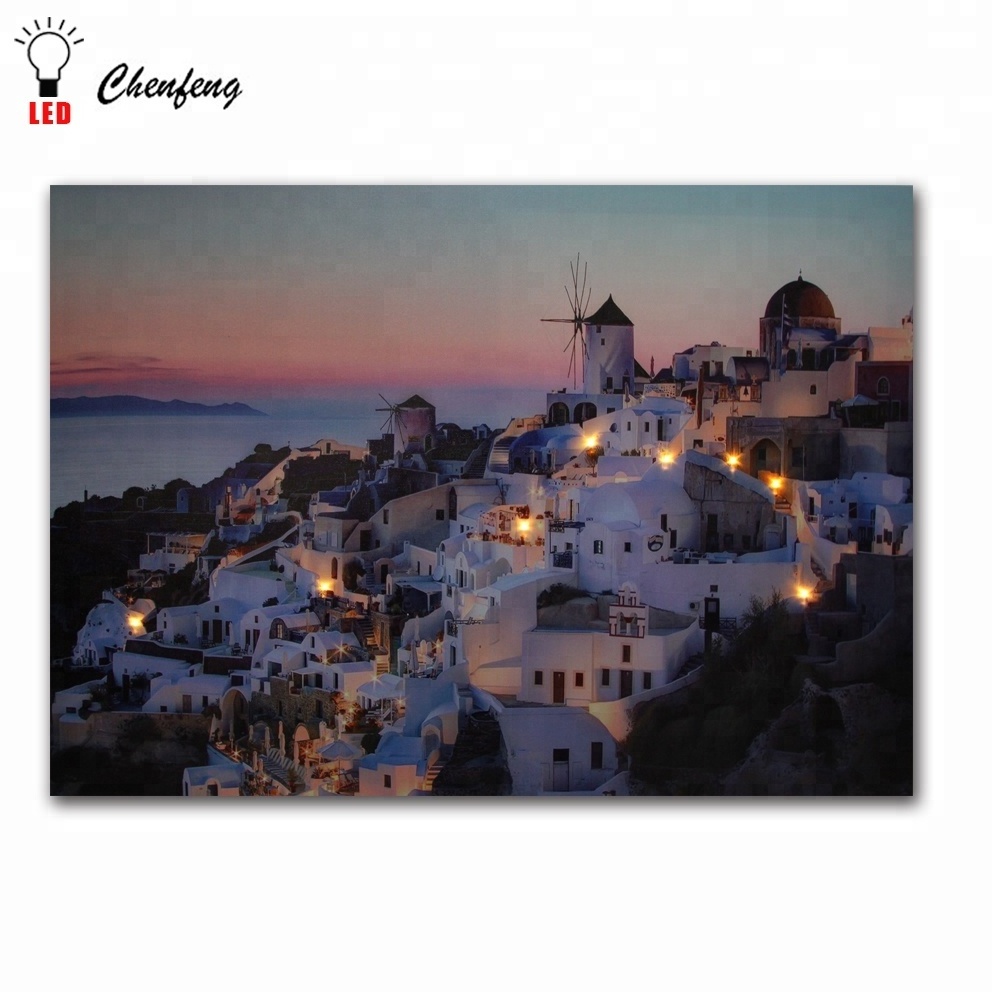 LED Wall Picture Santorini island night decor canvas printing art with led light for home decorative factory price china