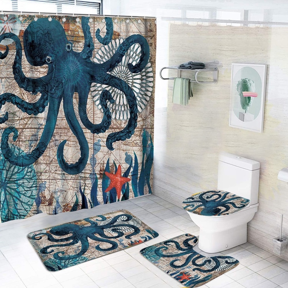 4 piece hot selling polyester waterproof  sea turtle design shower curtain set with rug for bathroom hot sale