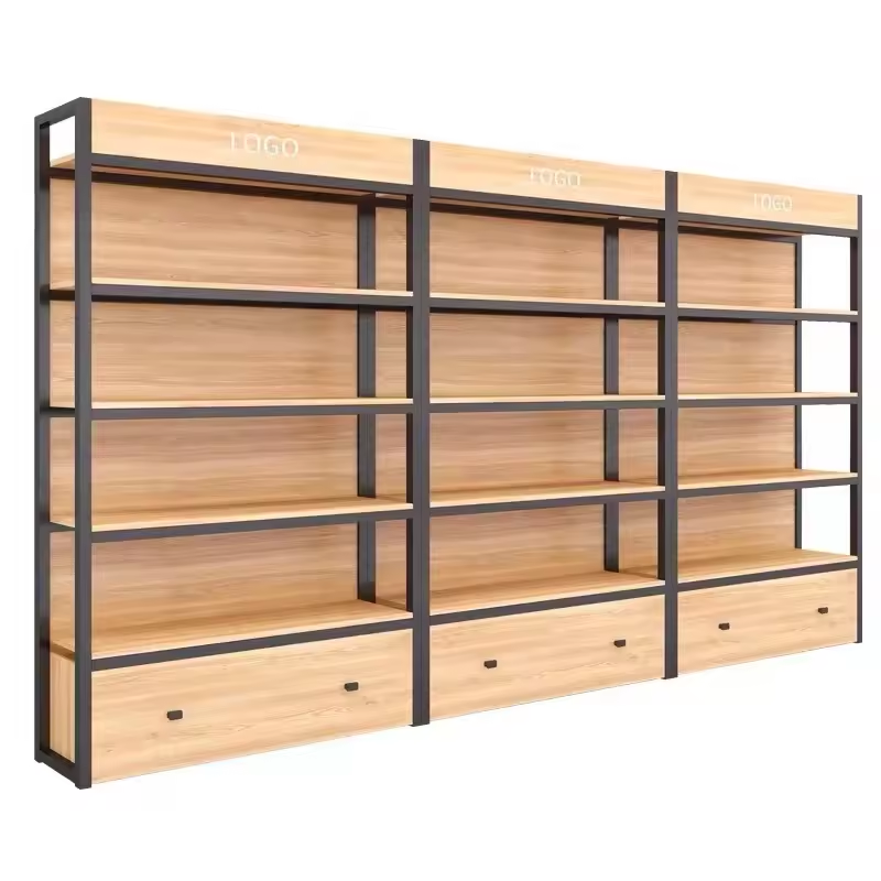 Supermarket wooden retail shelving display shop shelves snacks cosmetic grocery display convenience store multilevel rack