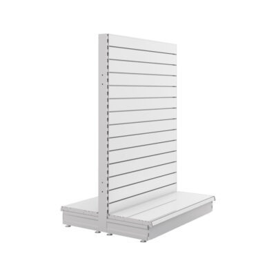 Gondola Shelving Kits with Stained Wood Slatwall Back Panels