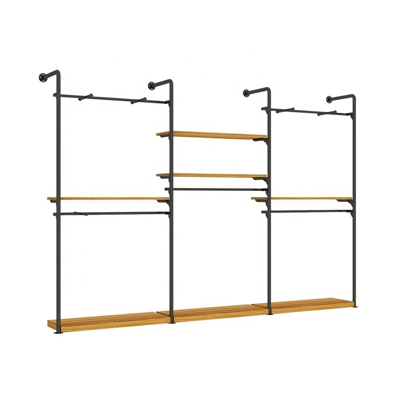 wholesale Clothes Display Stand Clothing Store Retail Display Metal Rack with Wood Board Clothes Hanger