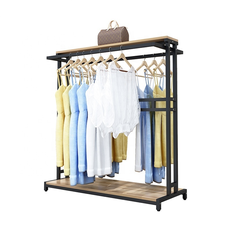 wholesale Clothes Display Stand Clothing Store Retail Display Metal Rack with Wood Board Clothes Hanger