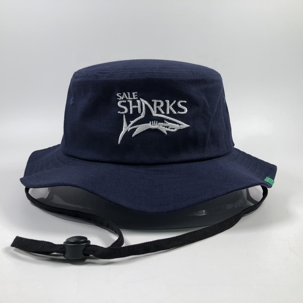 OEM premium cotton unisex student wide brim bonnie fisherman cap with string custom embroidery design navy blue bucket hats