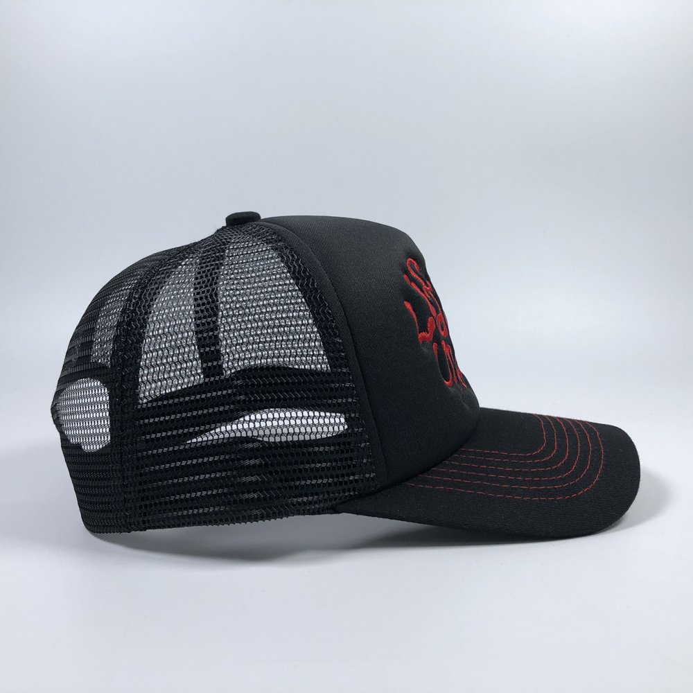 Custom logo boys 5 panel netted hats High quality adjustable 100% polyester snapback cap Embroidered adjustable trucker hat foam