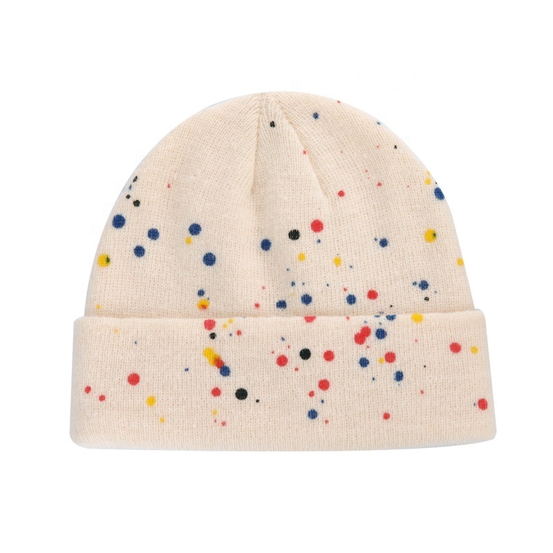 Wholesale in stock popular hot sale acrylic unisex colorful warm dots knitted winter hats custom jacquard paint splatter bea