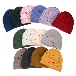 Wholesale in stock popular hot sale acrylic unisex colorful warm dots knitted winter hats custom jacquard paint splatter bea