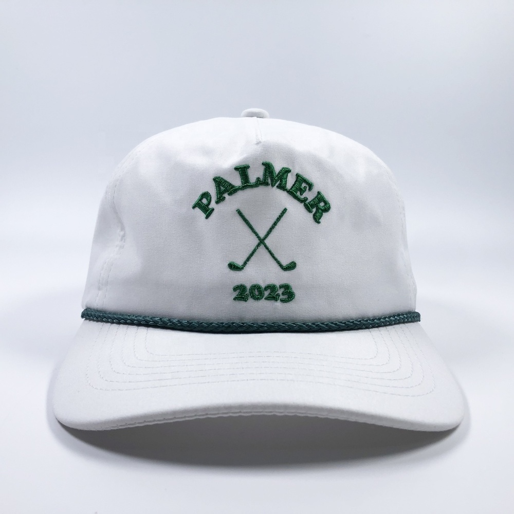 OEM popular premium fashion unisex nylon rope 5 panel baseball snapback cap custom embroidery green logo unstructured dad hat