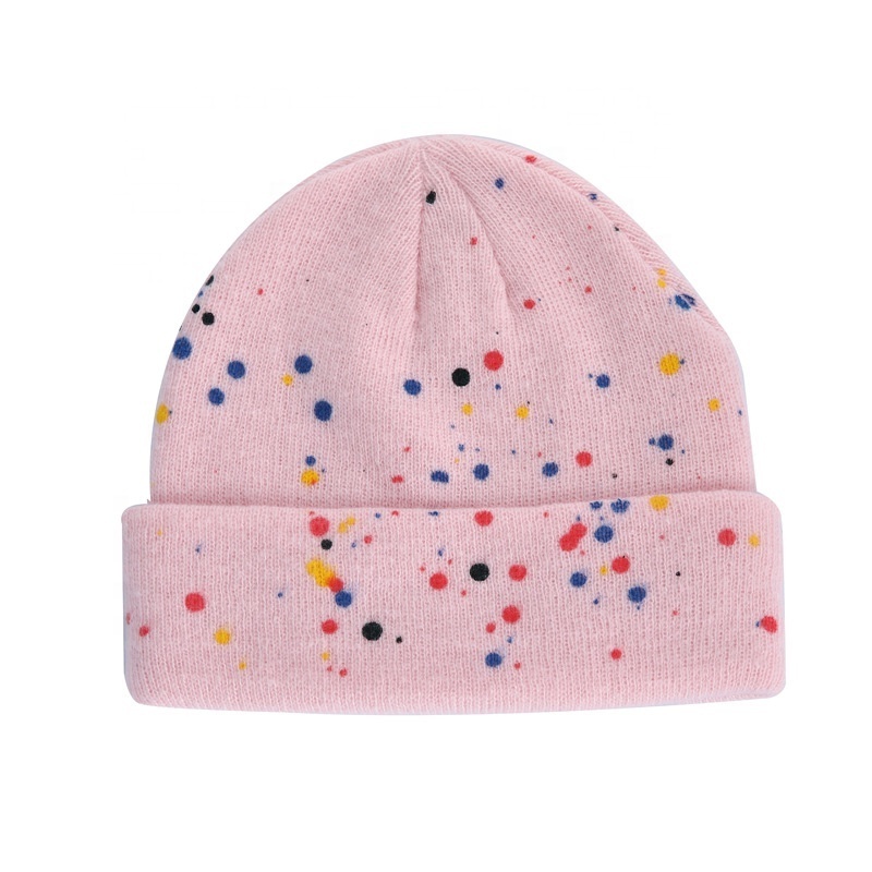 Wholesale in stock popular hot sale acrylic unisex colorful warm dots knitted winter hats custom jacquard paint splatter bea