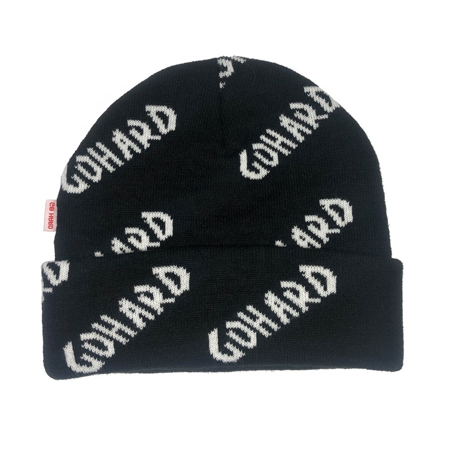 OEM fashion 100% acrylic all over print beanie with custom embroidery logo warm winter hat