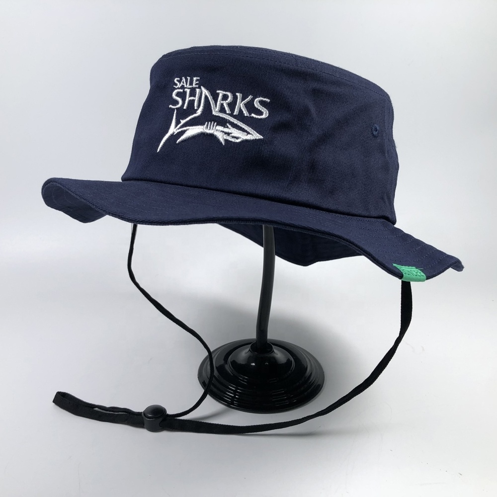 OEM premium cotton unisex student wide brim bonnie fisherman cap with string custom embroidery design navy blue bucket hats