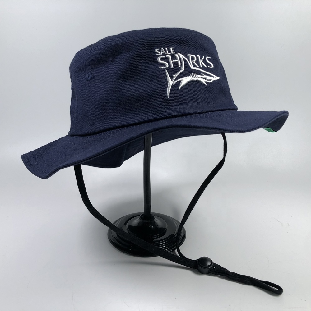 OEM premium cotton unisex student wide brim bonnie fisherman cap with string custom embroidery design navy blue bucket hats