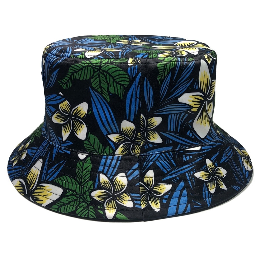 OEM flowery all over sublimation printed logo custom reversible bucket hats with woven label