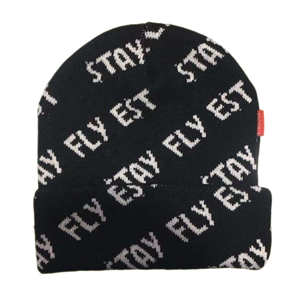 OEM fashion 100% acrylic all over print beanie with custom embroidery logo warm winter hat