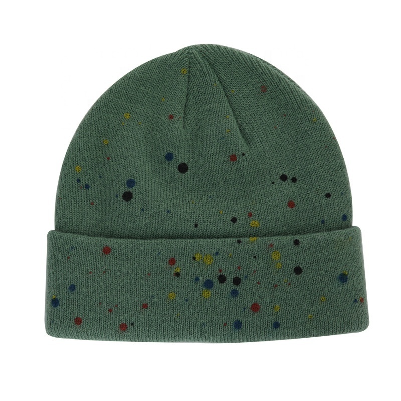 Wholesale in stock popular hot sale acrylic unisex colorful warm dots knitted winter hats custom jacquard paint splatter bea