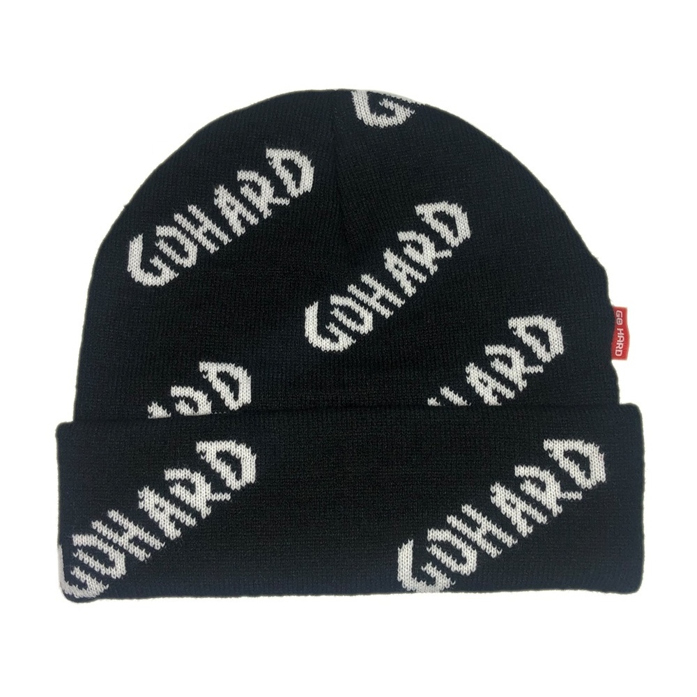 OEM fashion 100% acrylic all over print beanie with custom embroidery logo warm winter hat