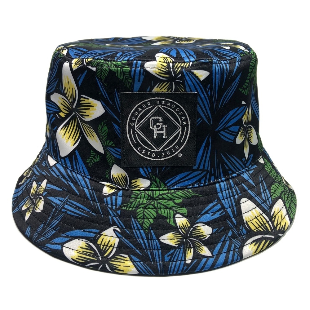 OEM flowery all over sublimation printed logo custom reversible bucket hats with woven label