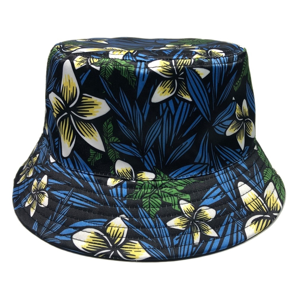 OEM flowery all over sublimation printed logo custom reversible bucket hats with woven label