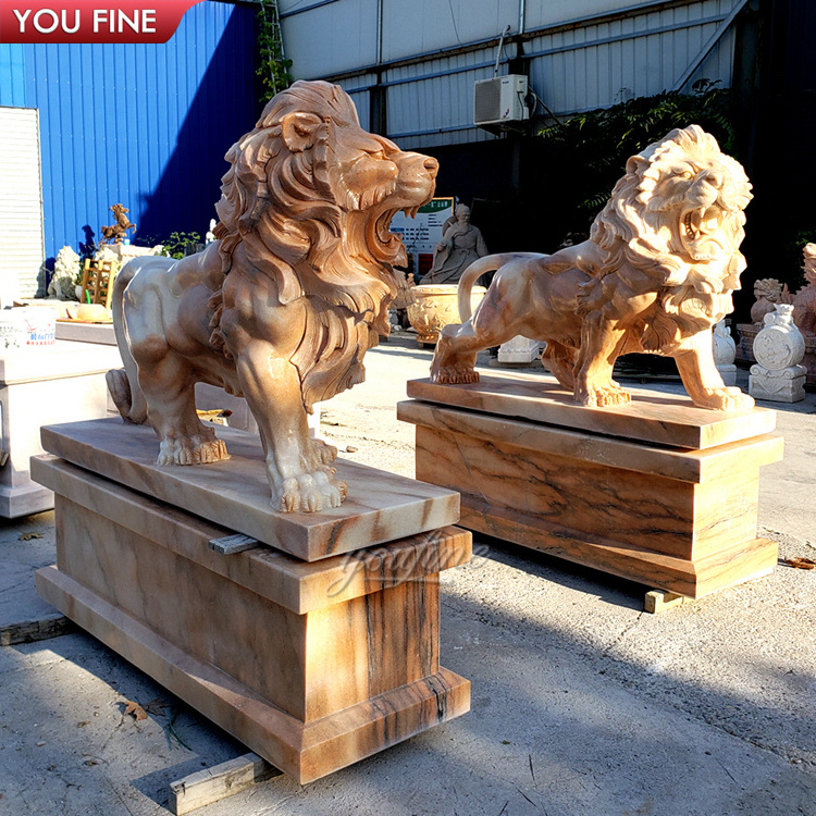 Customized Outdoor Hand Carved Natural Stone Animal Statue Beige Marble Lion Sculpture