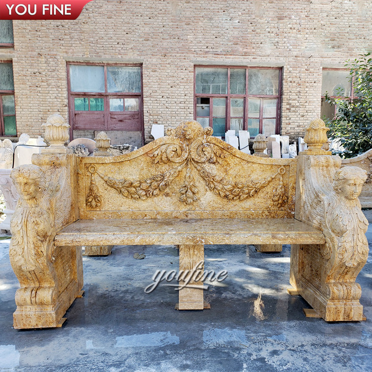 Outdoor Garden Hand Carved Beige Outdoor Marble Bench