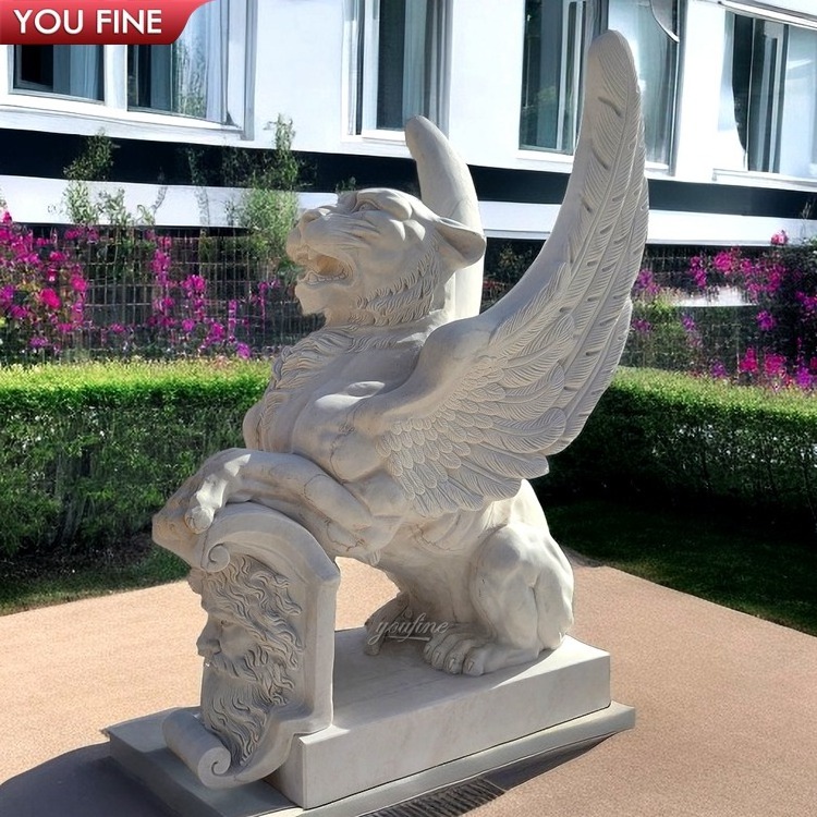 Carving Stone Winged Lion Garden Statue With Column Planter