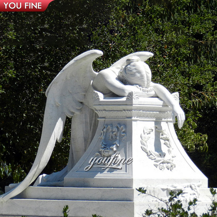 Hand Carved White Marble Funeral Slab Tombstone with Crying Angel Wing Headstone Statue