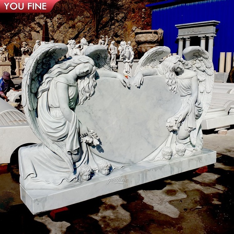 Outdoor White Marble Double Angel Heart Shaped Statue Headstone