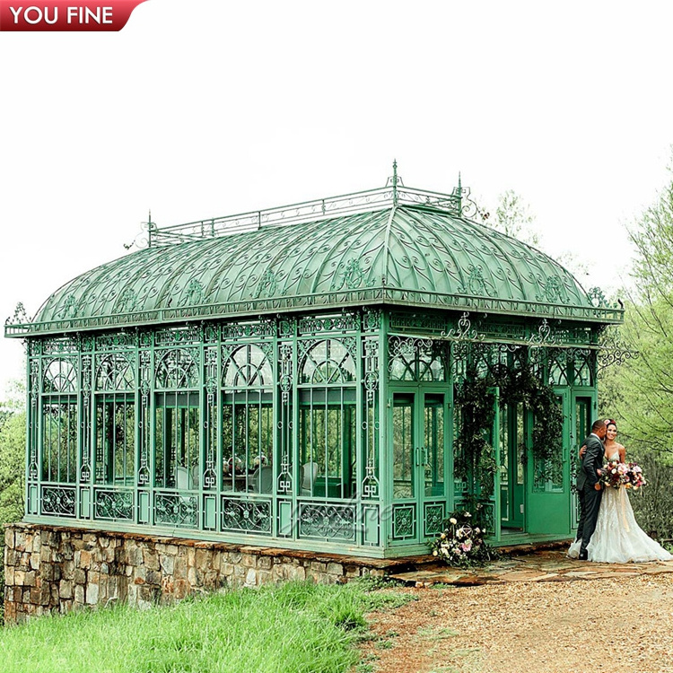 Luxury Cast Metal Outdoor Garden Wrought Iron Gazebo With Glass For Decoration