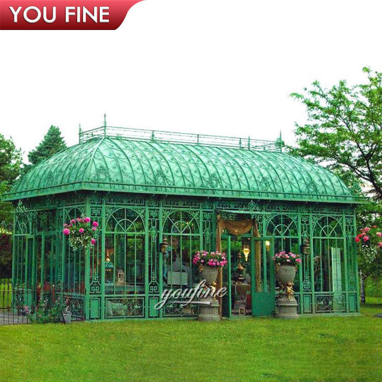 Luxury Cast Metal Outdoor Garden Wrought Iron Gazebo With Glass For Decoration