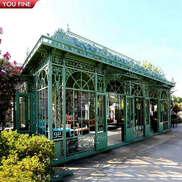 Luxury Cast Metal Outdoor Garden Wrought Iron Gazebo With Glass For Decoration