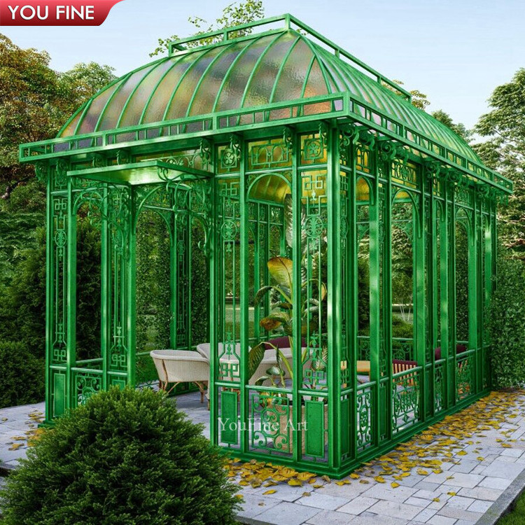 Park Decor Wrought Iron Gazebo with Glass Victorian Greenhouse Iron Gazebo