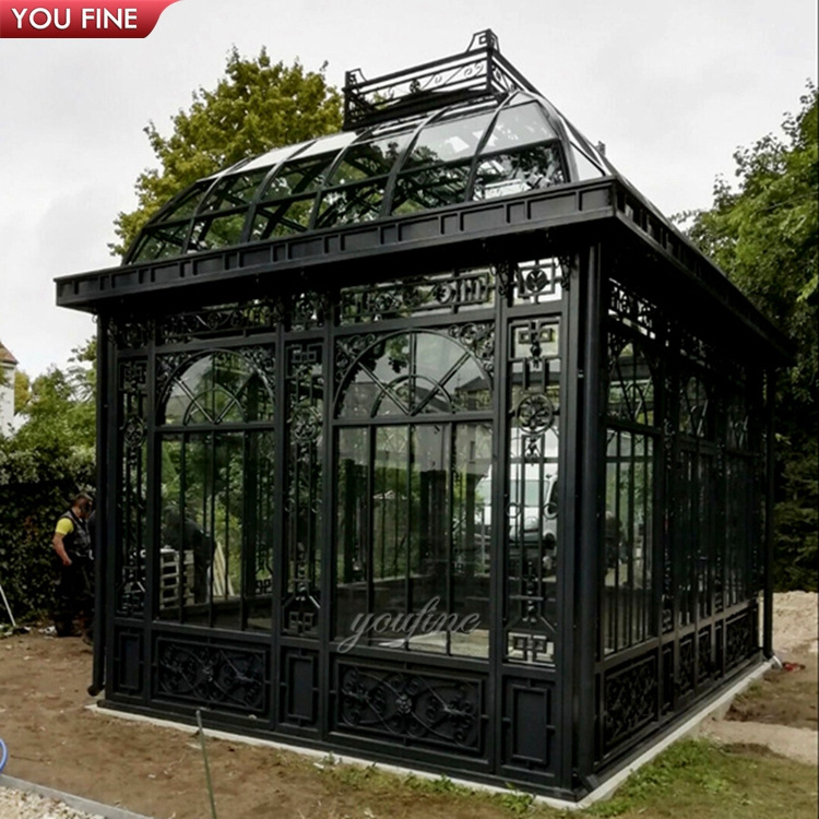 Park Decor Wrought Iron Gazebo with Glass Victorian Greenhouse Iron Gazebo